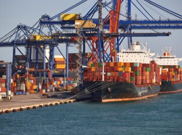 Containers on a vessel. Global market. Cargo shipping. Logistic